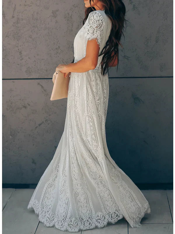 Lace Maxi Dress with V-Neckline Short Cap Sleeves and Crochet Trim Waistband