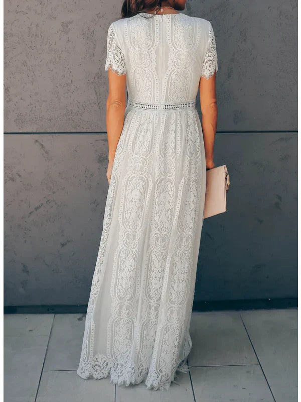 Lace Maxi Dress with V-Neckline Short Cap Sleeves and Crochet Trim Waistband