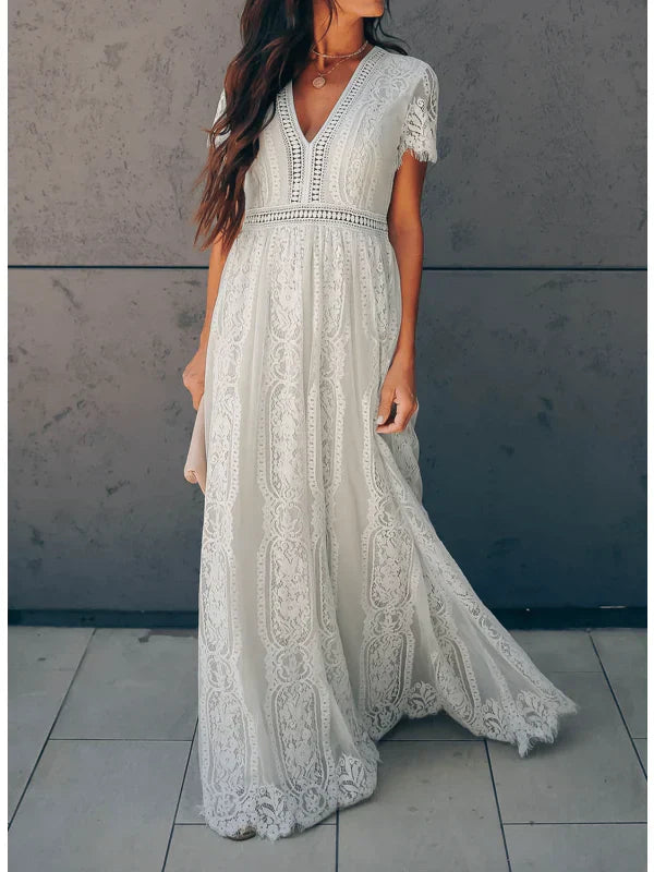 Lace Maxi Dress with V-Neckline Short Cap Sleeves and Crochet Trim Waistband