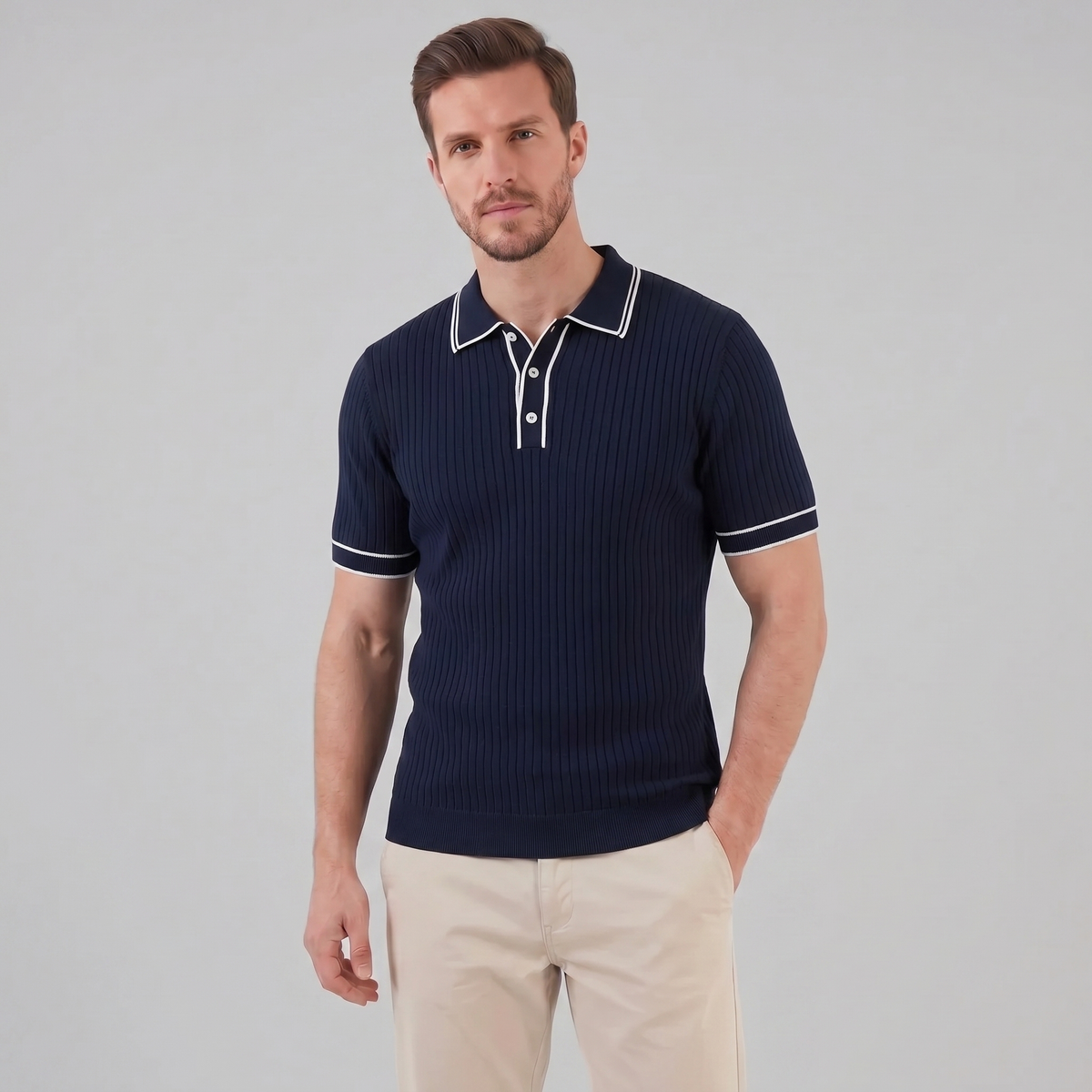Men's contrast trim polo — ribbed knit short sleeve — casual office