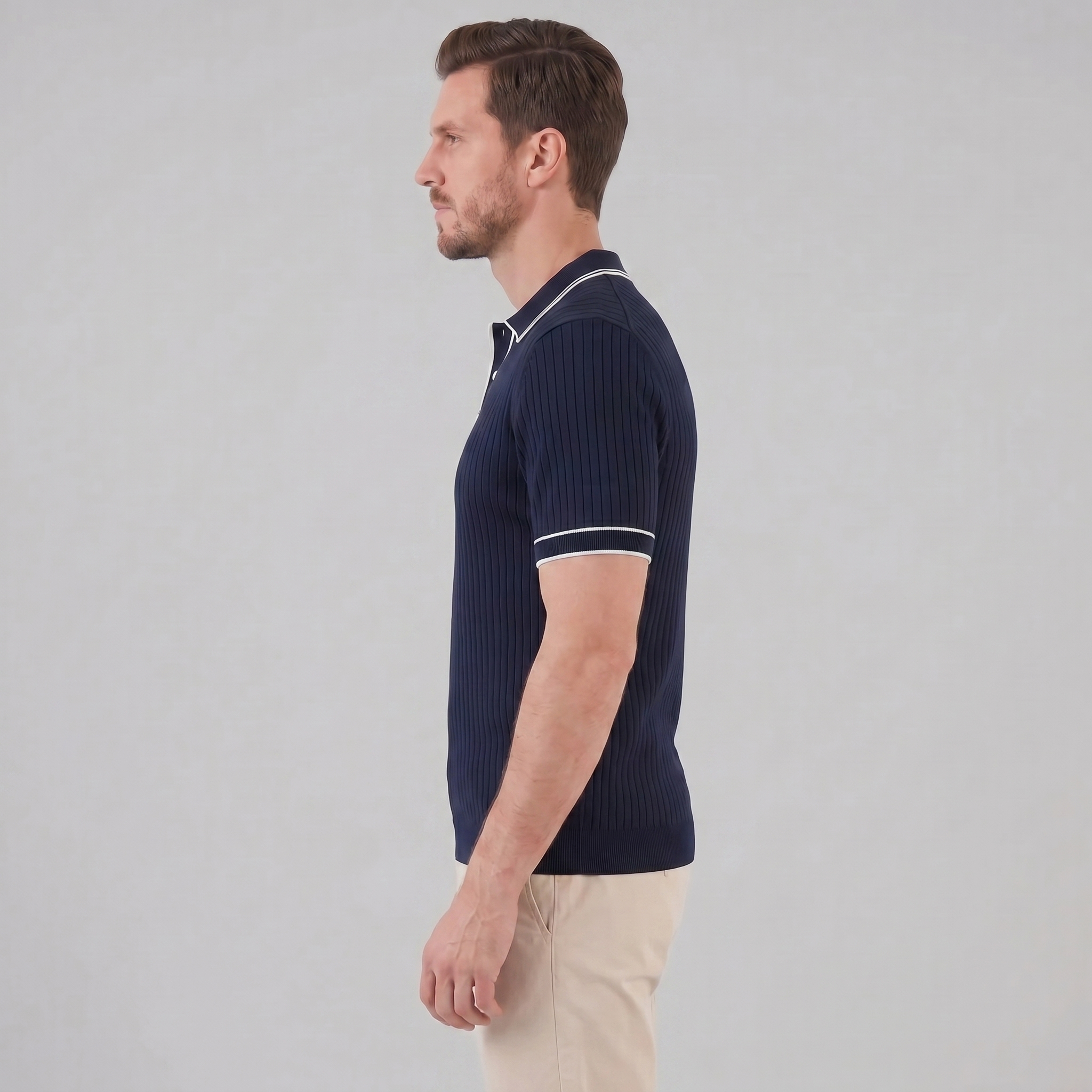 Men's contrast trim polo — ribbed knit short sleeve — casual office