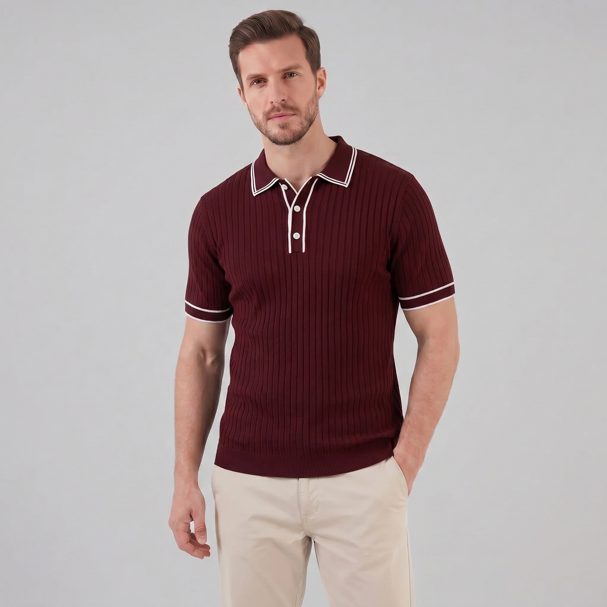 Men's contrast trim polo — ribbed knit short sleeve — casual office
