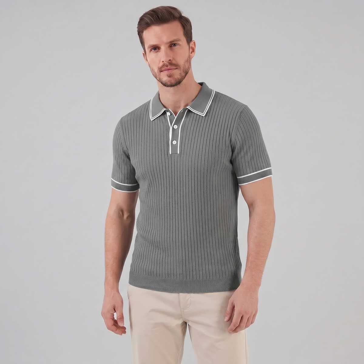 Men's contrast trim polo — ribbed knit short sleeve — casual office