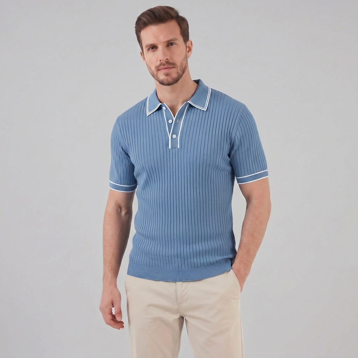 Men's contrast trim polo — ribbed knit short sleeve — casual office