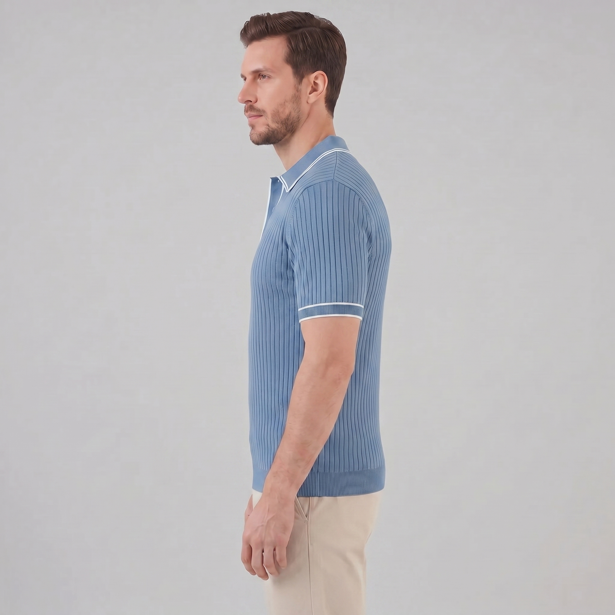 Men's contrast trim polo — ribbed knit short sleeve — casual office