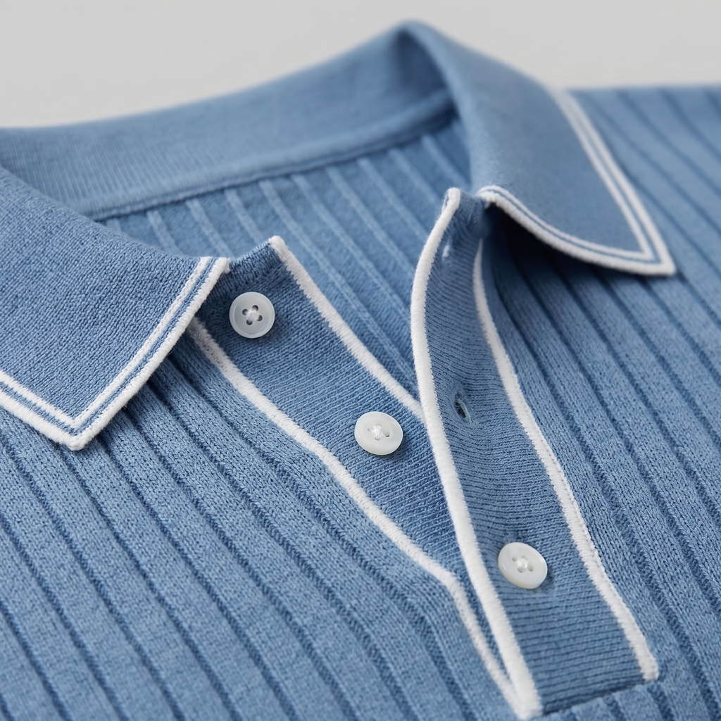 Men's contrast trim polo — ribbed knit short sleeve — casual office