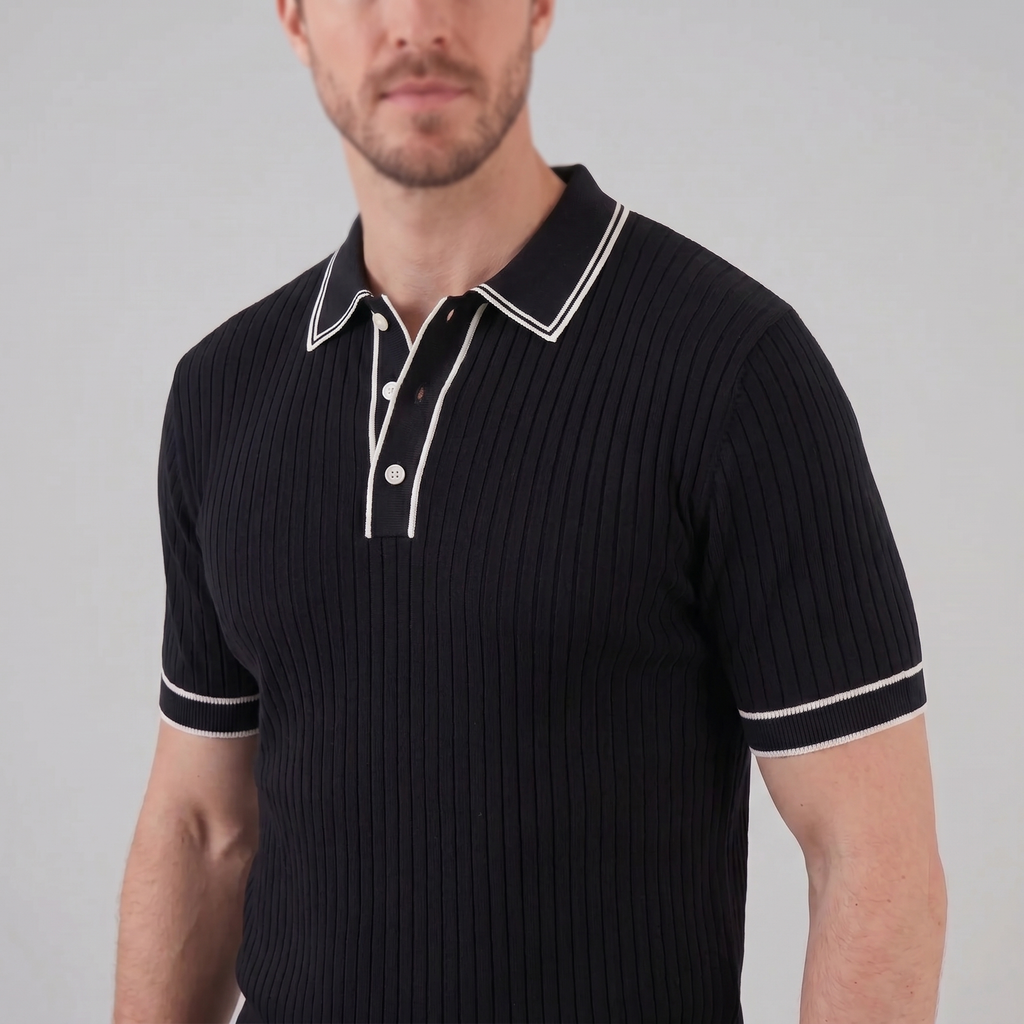 Men's contrast trim polo — ribbed knit short sleeve — casual office