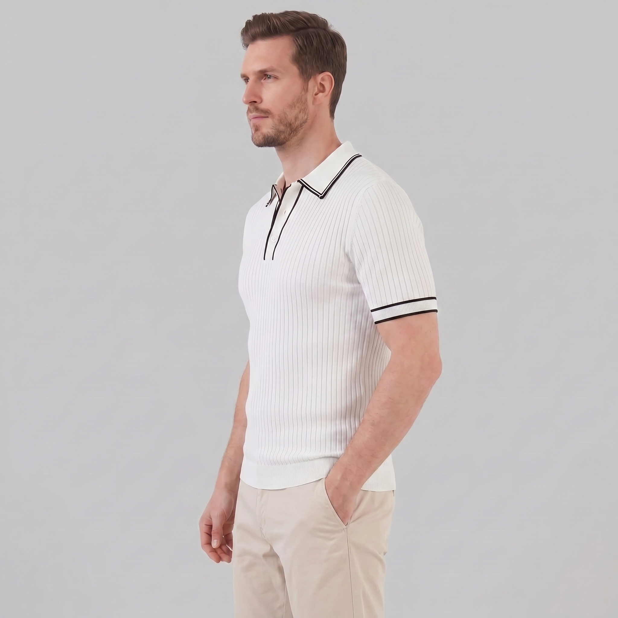 Men's contrast trim polo — ribbed knit short sleeve — casual office