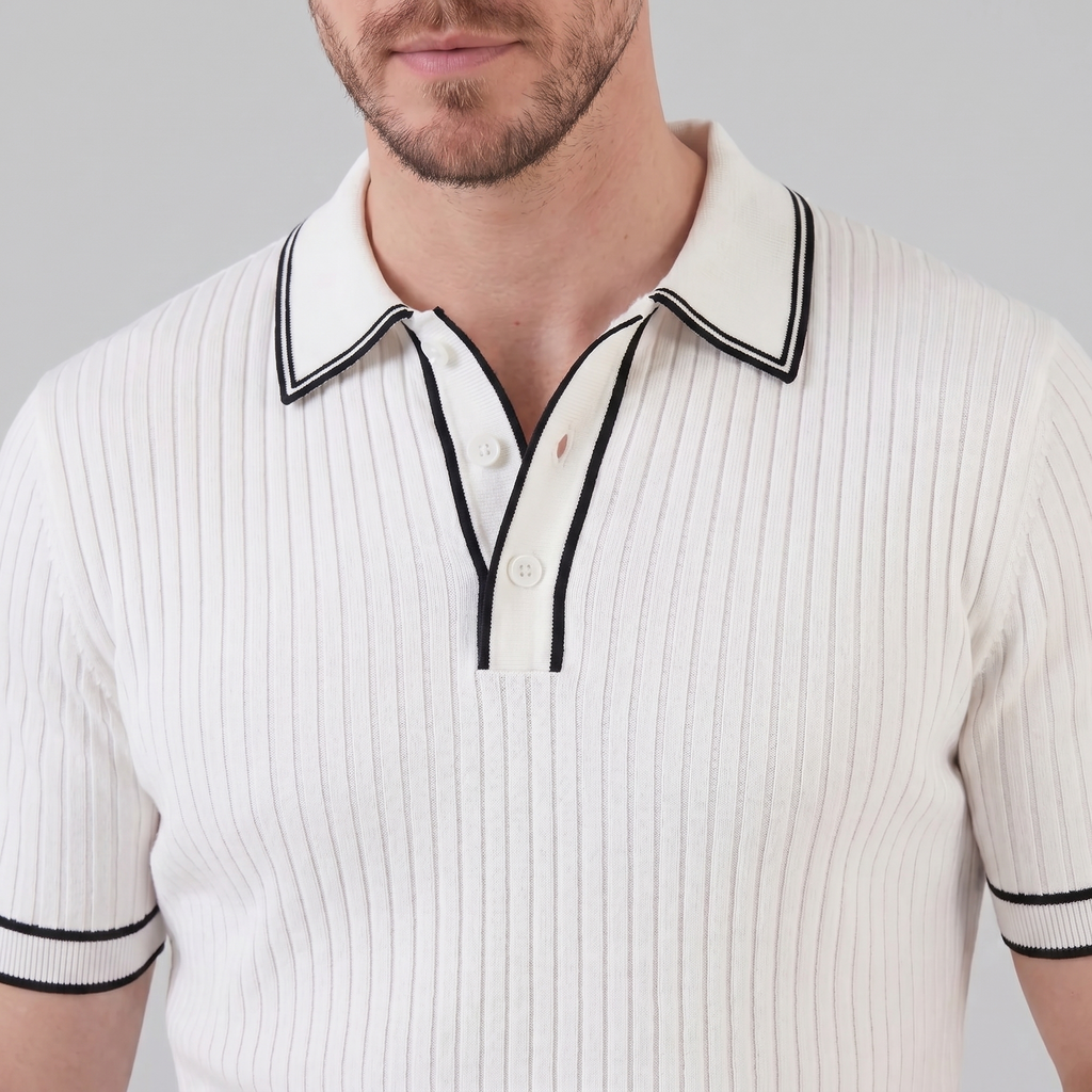 Men's contrast trim polo — ribbed knit short sleeve — casual office