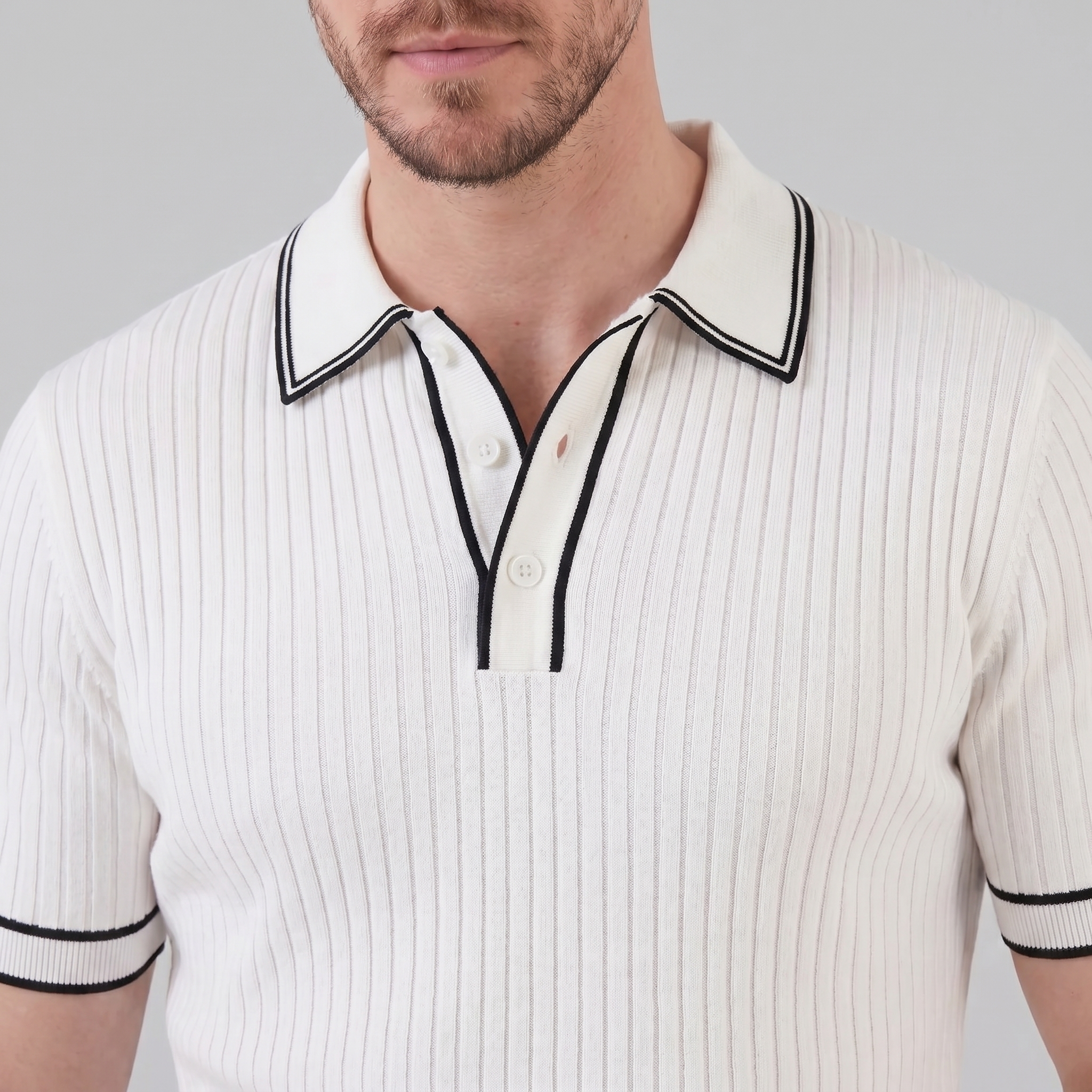 Men's contrast trim polo — ribbed knit short sleeve — casual office