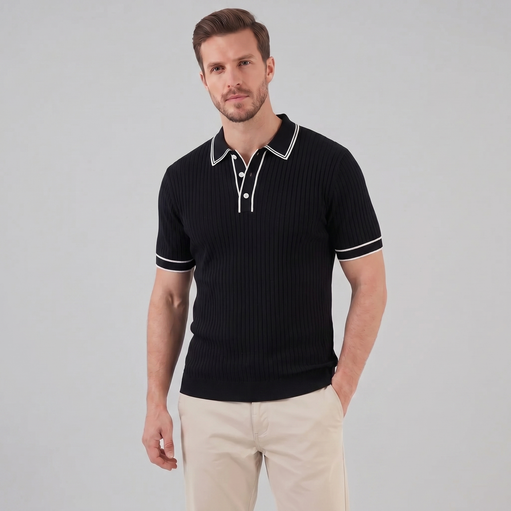 Men's contrast trim polo — ribbed knit short sleeve — casual office