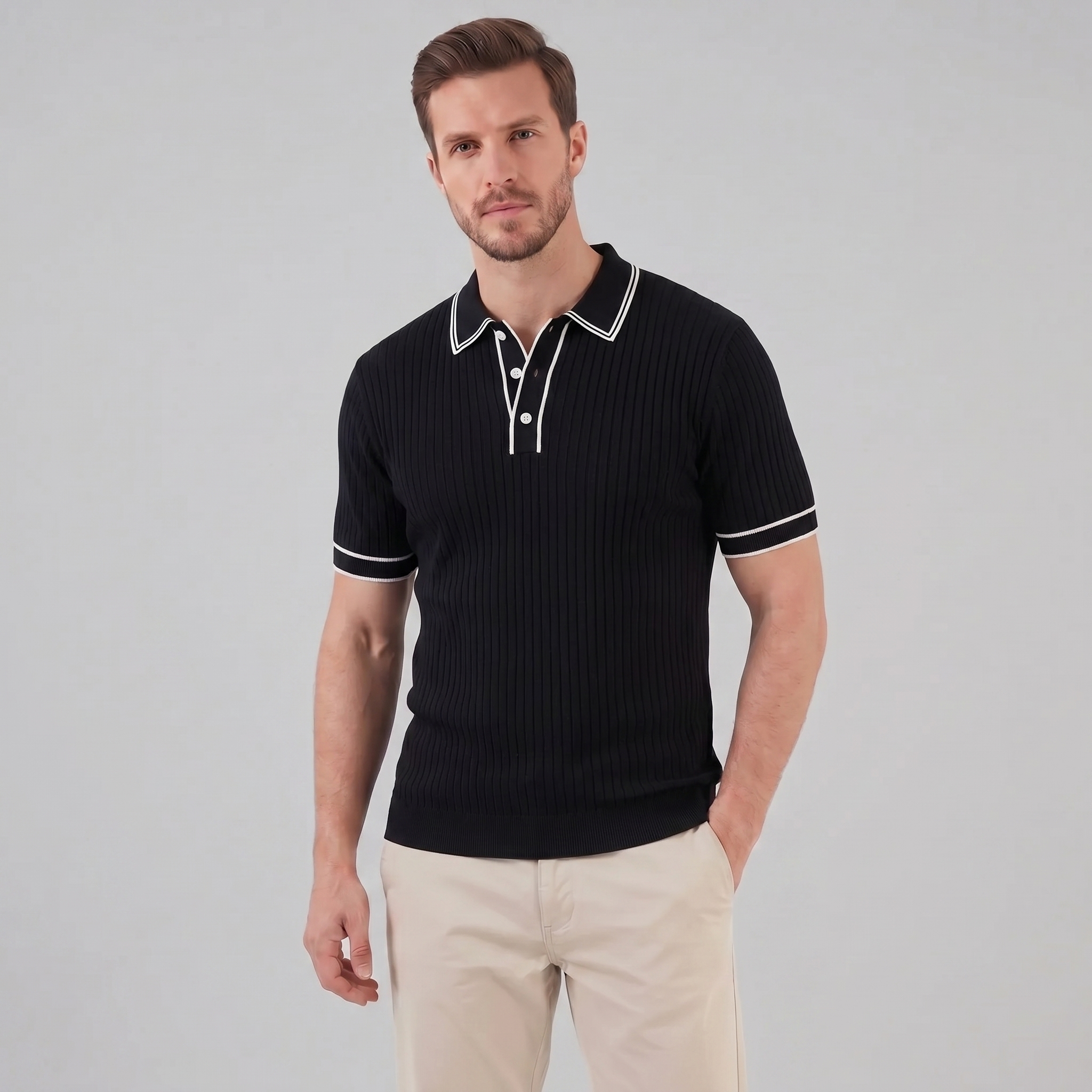 Men's contrast trim polo — ribbed knit short sleeve — casual office