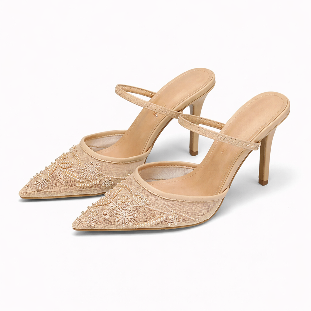 Embroidered Floral Mesh Mule Heels