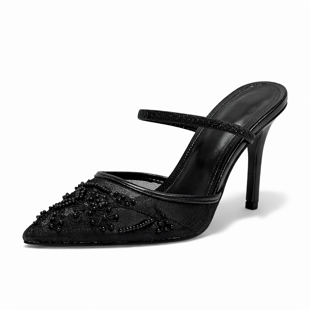 Embroidered Floral Mesh Mule Heels