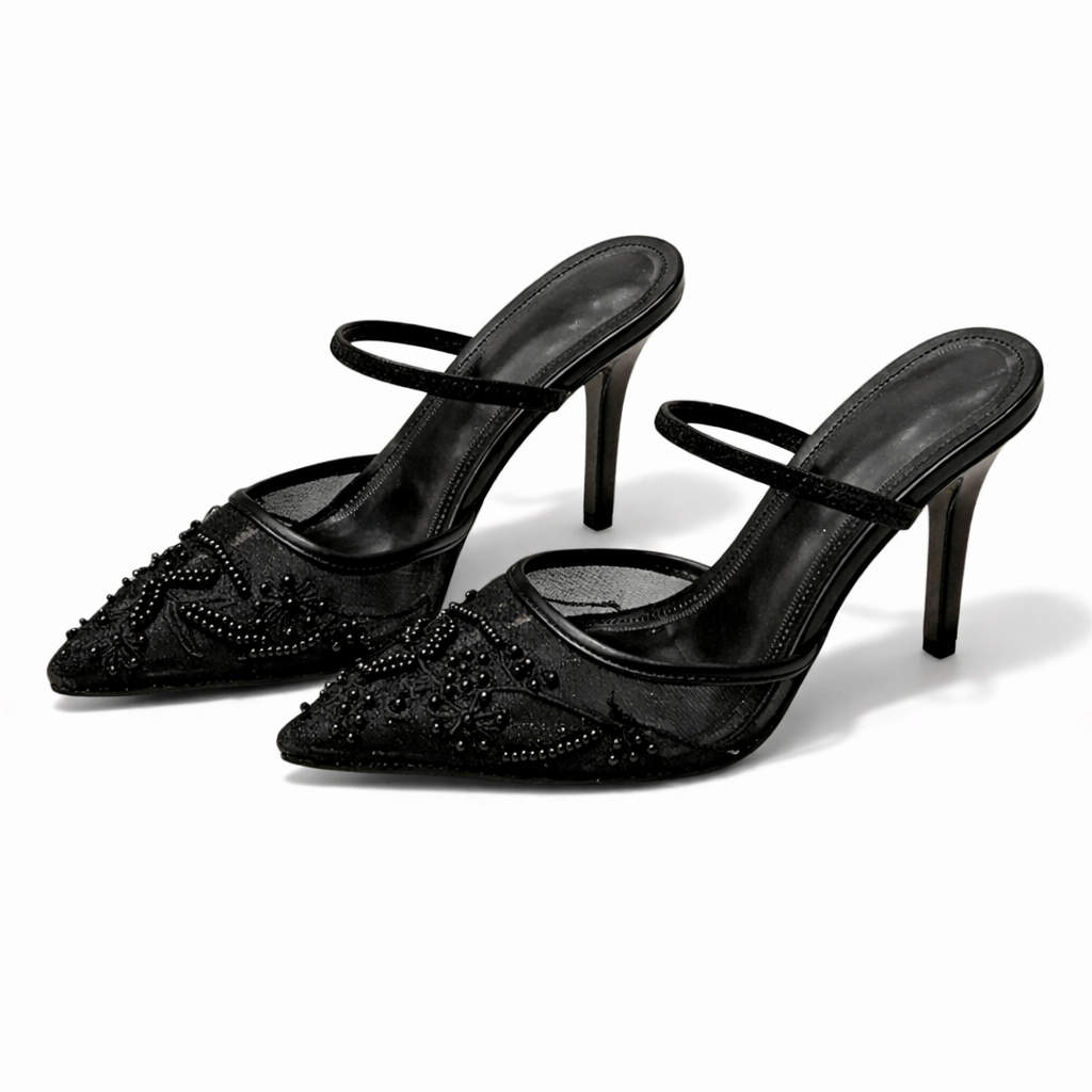 Embroidered Floral Mesh Mule Heels