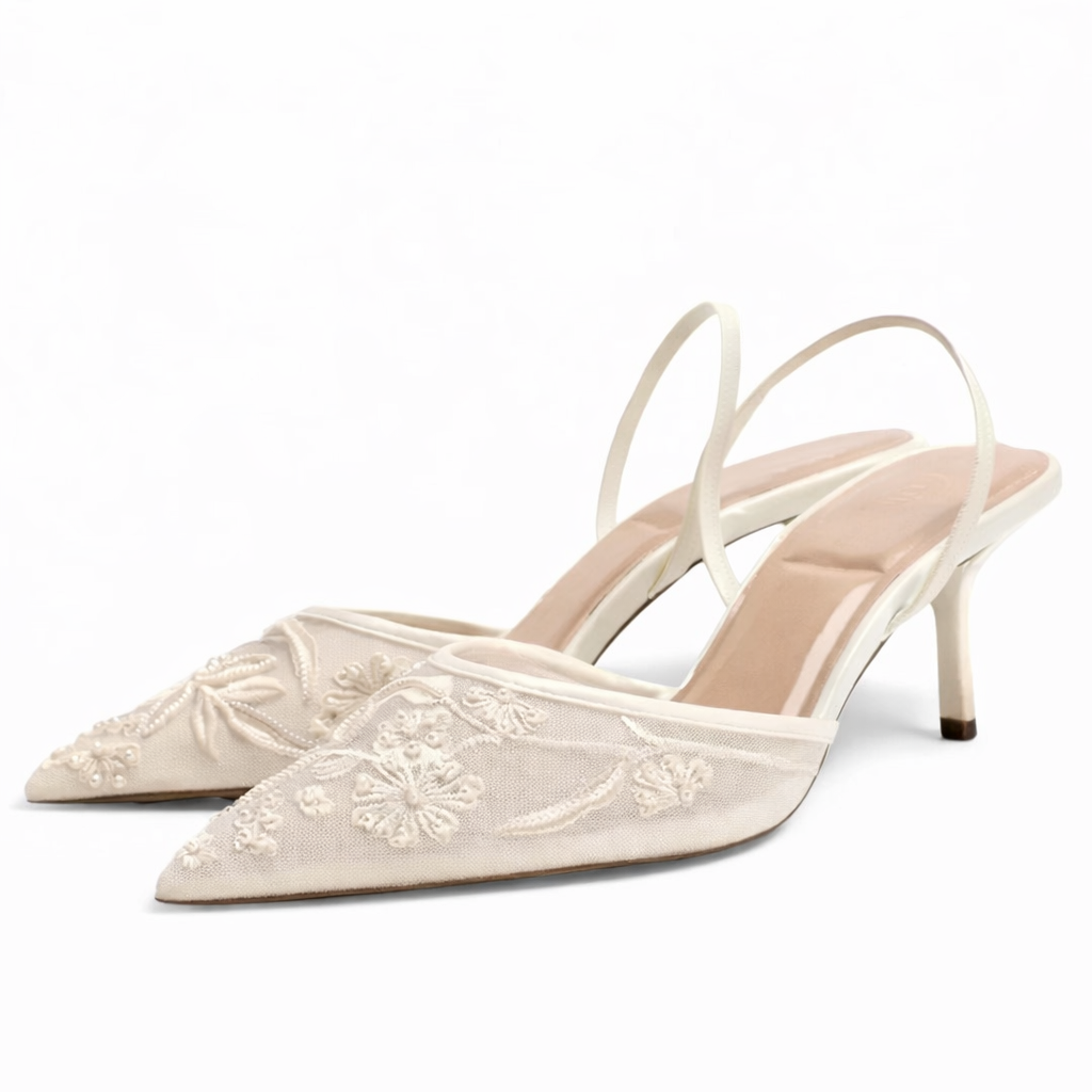 Embroidered Floral Mesh Mule Heels