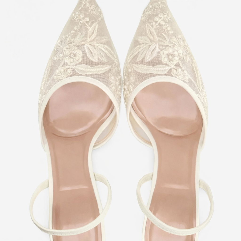 Embroidered Floral Mesh Mule Heels