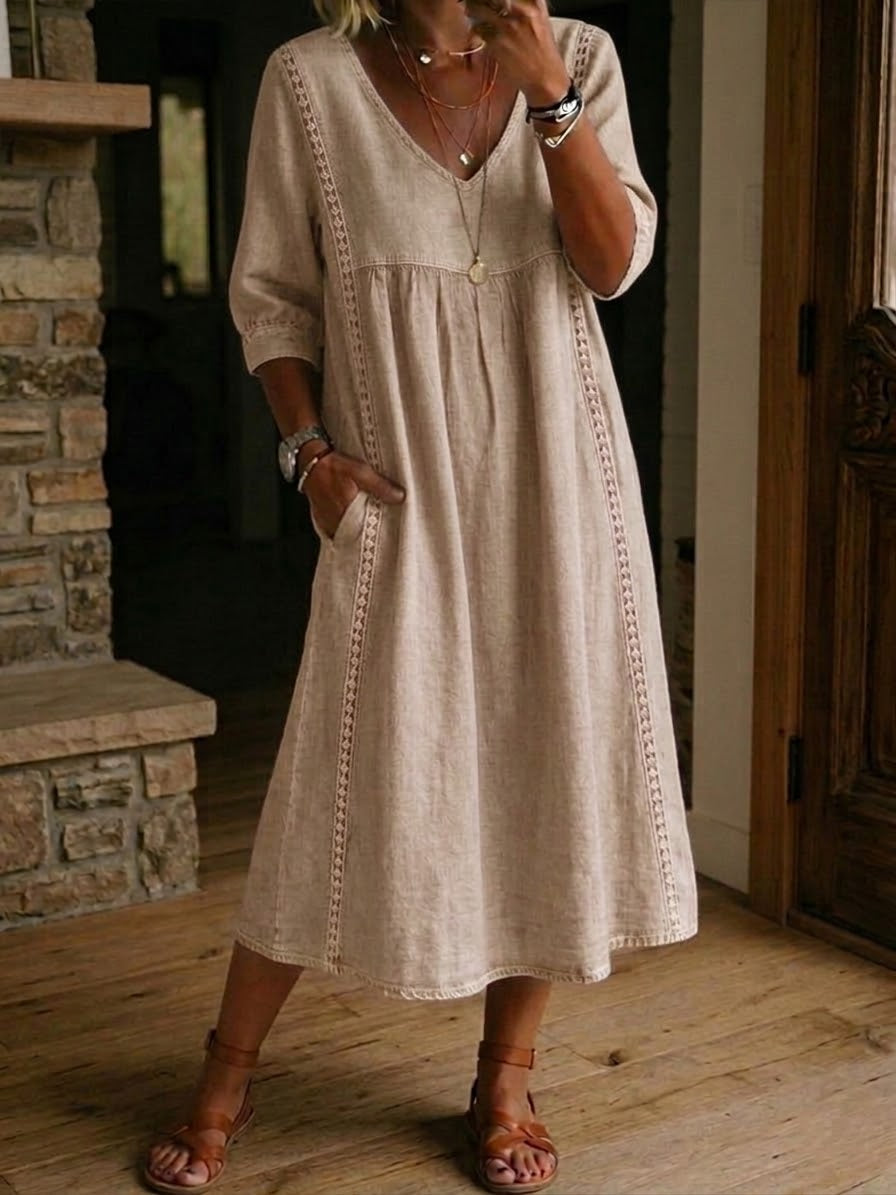 Women's casual midi dress V-neck loose fit