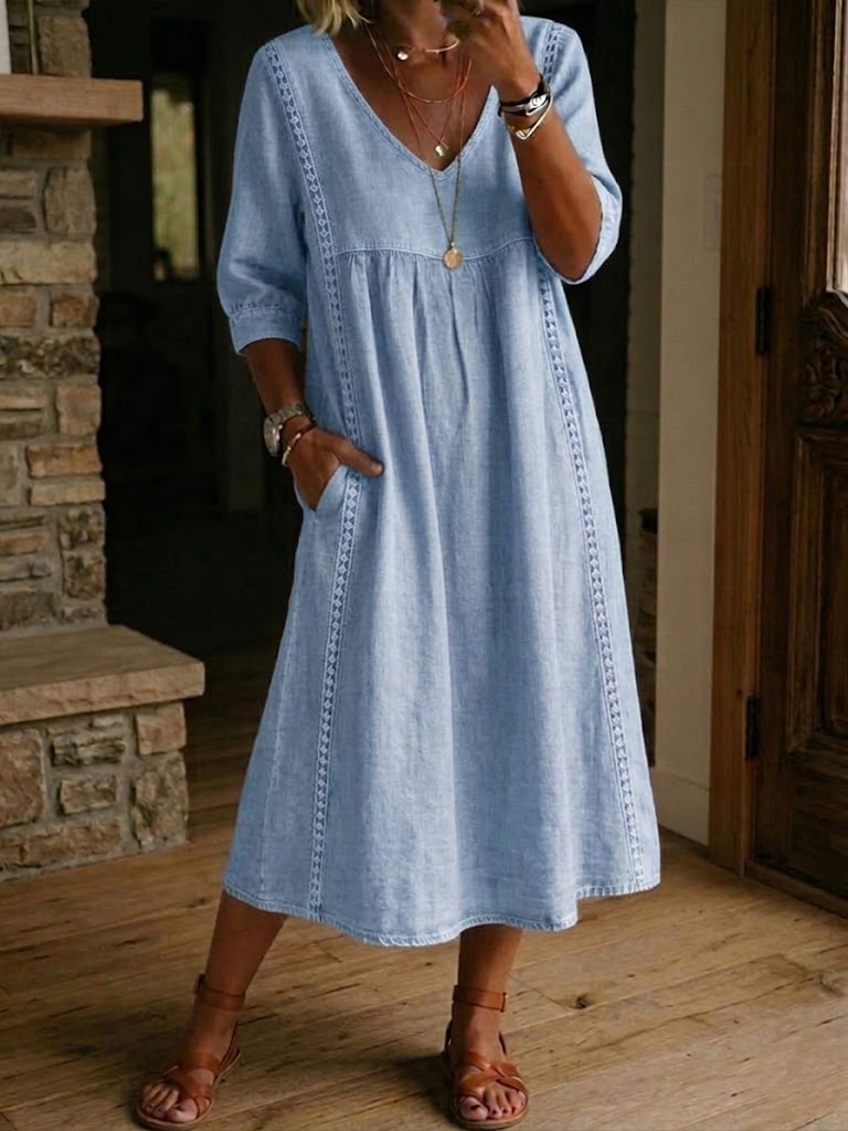 Women's casual midi dress V-neck loose fit