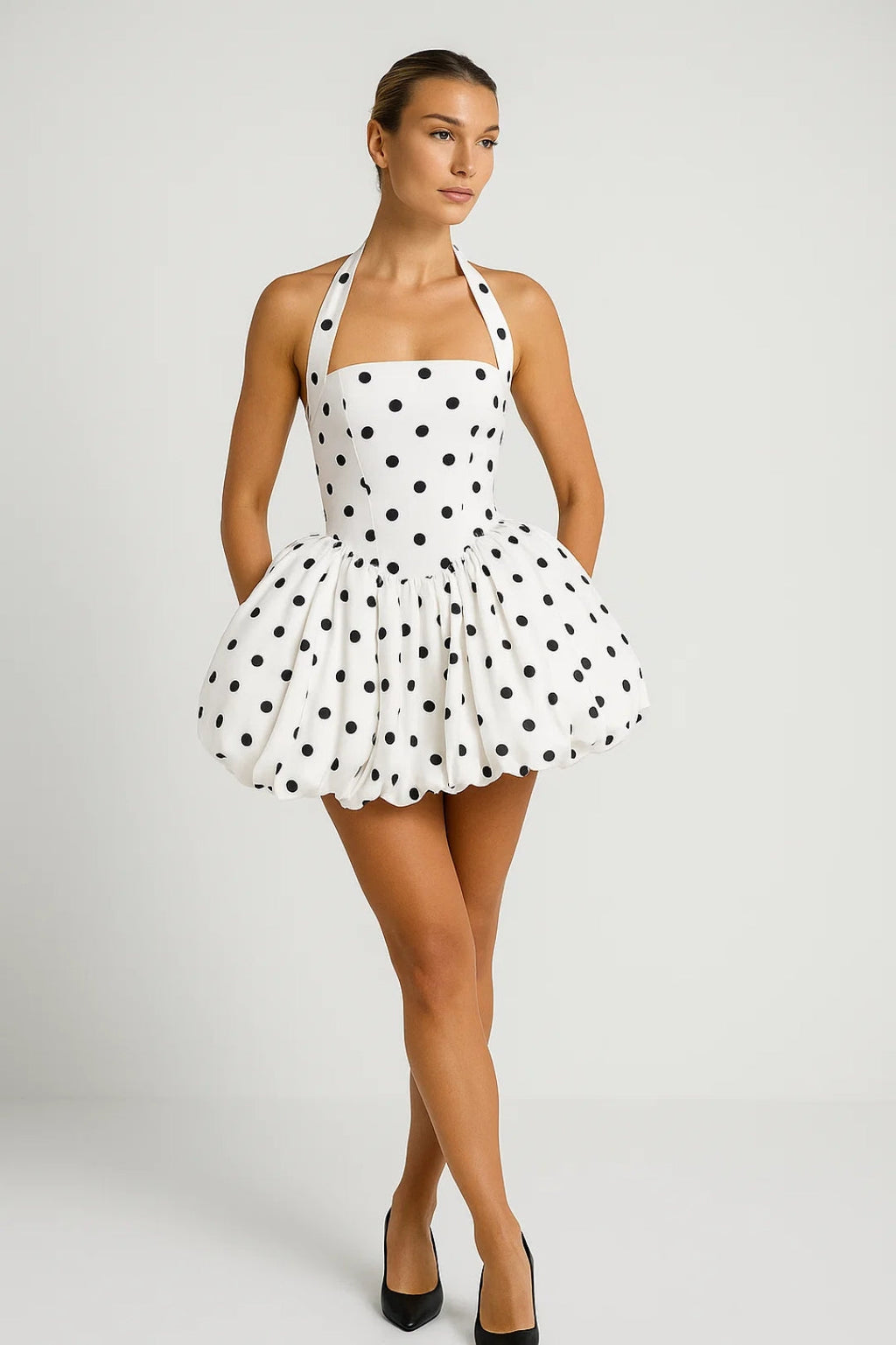 Polka Dot Mini Dress Halter Neck Bubble Skirt Sleeveless Retro Party Apparel