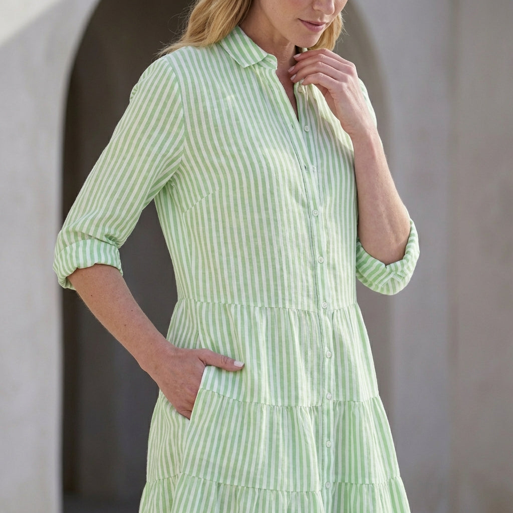 Striped Relaxed Fit Shirt Dress Button Front Tiered Skirt Above Knee Casual Mini