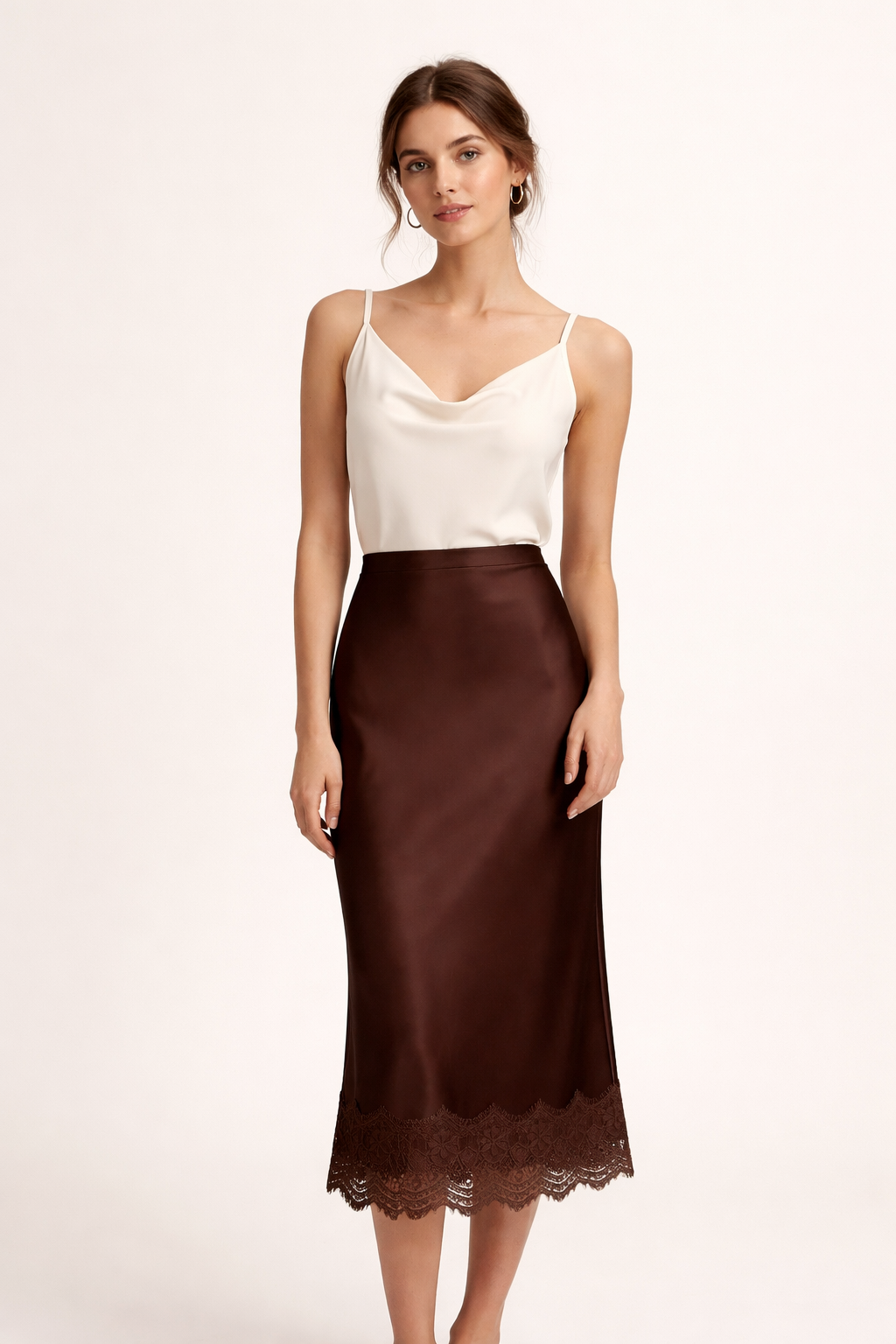 Women's satin finish maxi skirt with lace hem — formal event