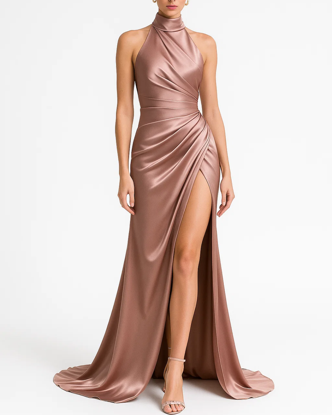 Halter Neck Evening Maxi Dress with Ruched Bodice and Front Slit for Women