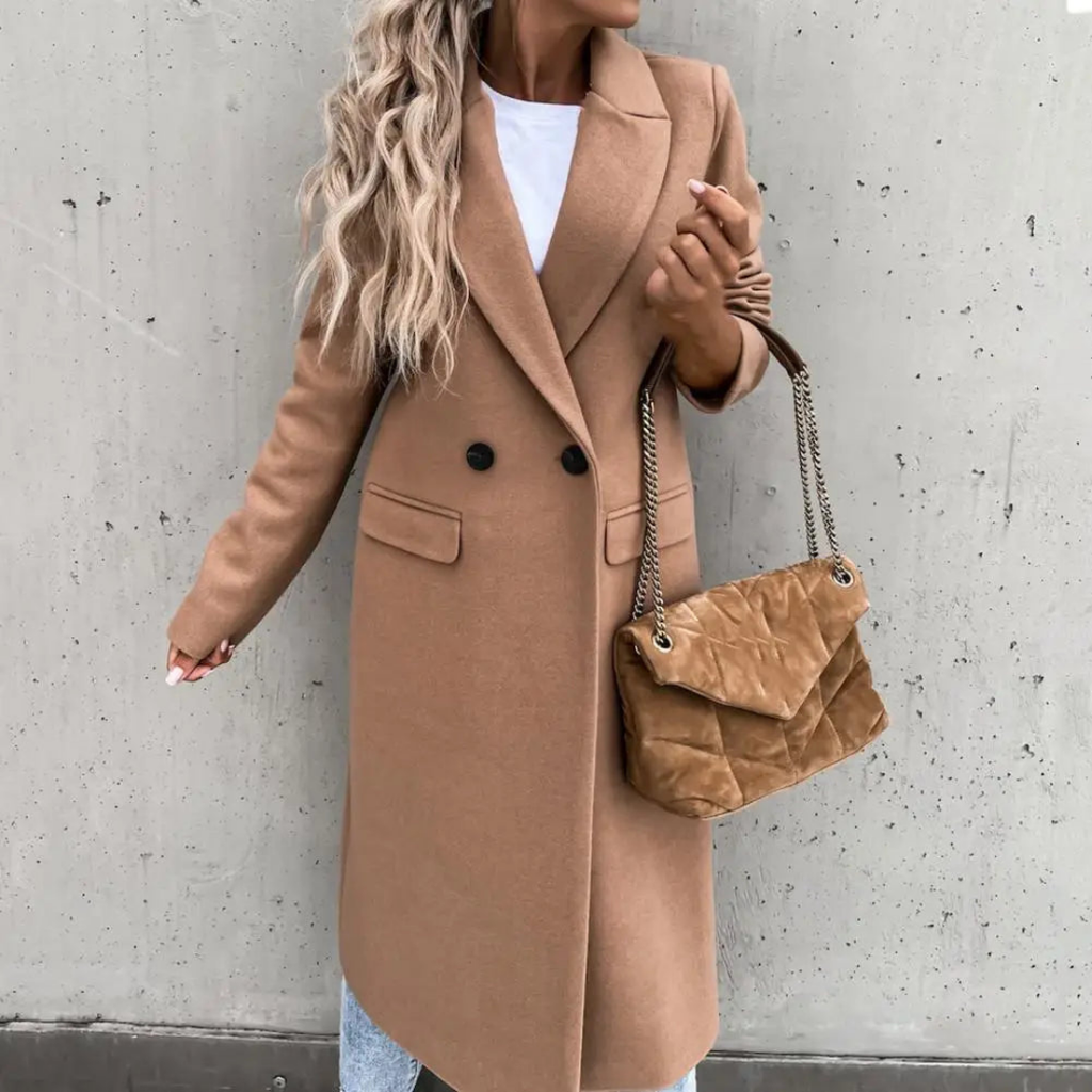 Women's Long Coat Wool Blend Double Breasted Lapel Collar Work Formal