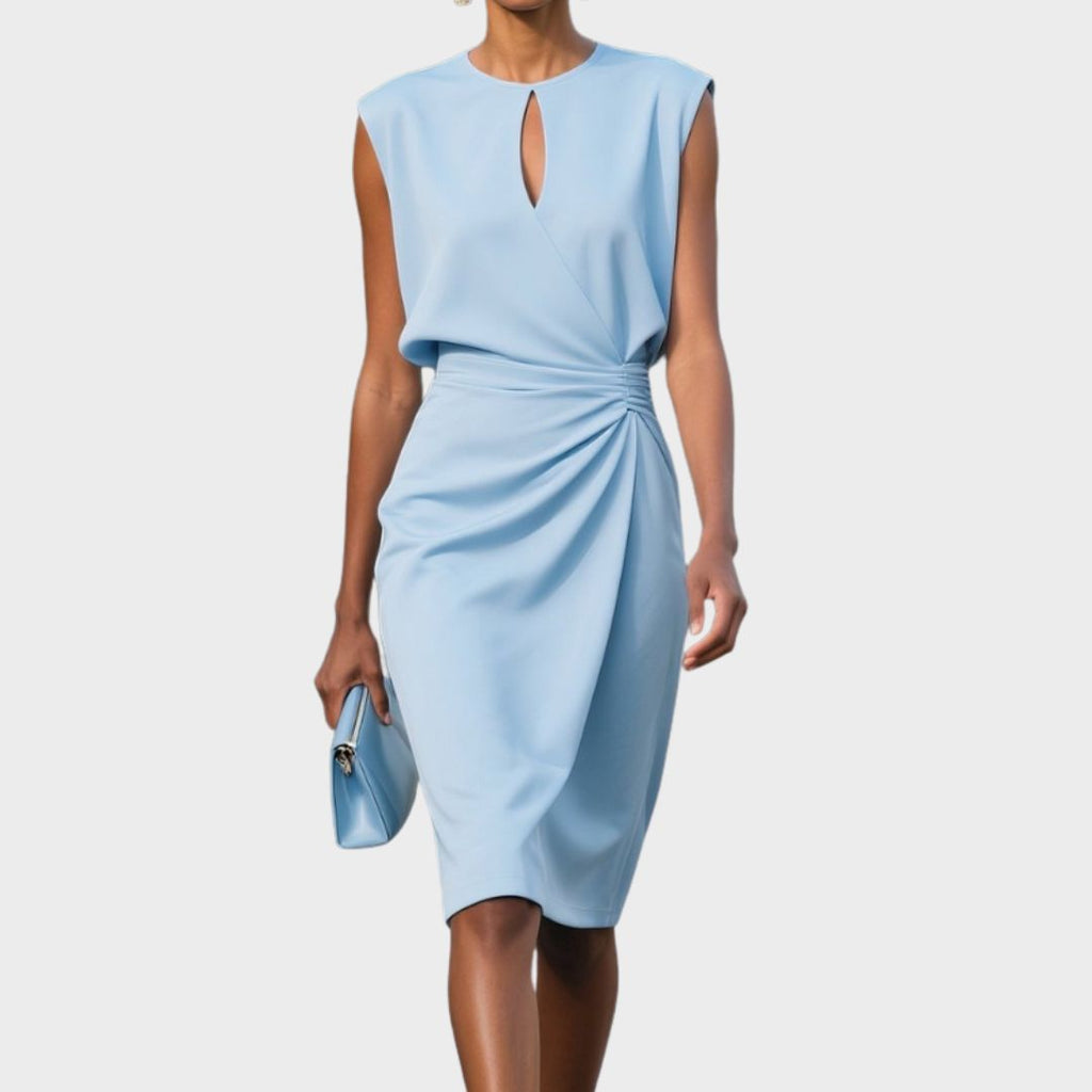 Sleeveless midi dress | fitted side-gather work dress