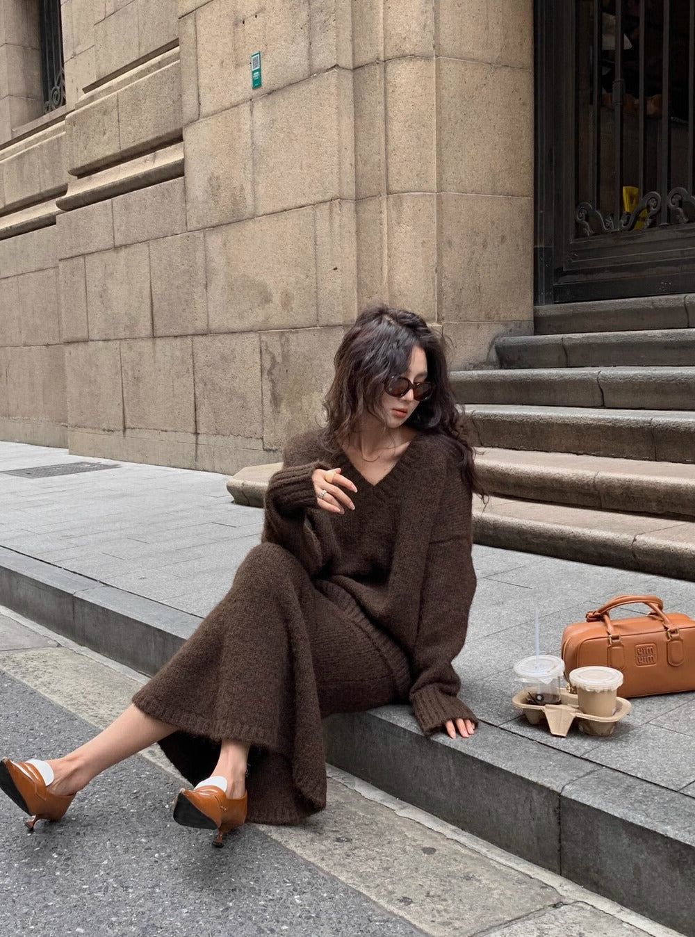 Women's Matching Set Knit V-Neck Sweater Flare Midi Skirt