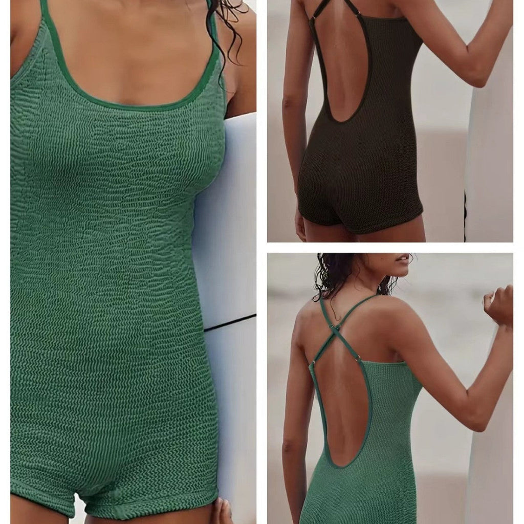 Women's athletic one-piece monokini - ribbed tank swimsuit - beach sport
