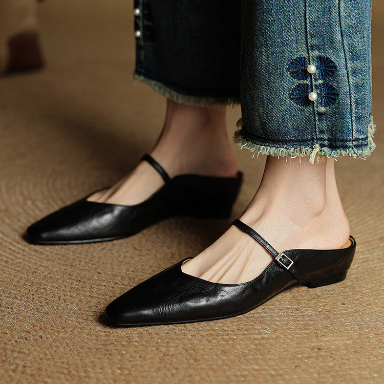 Women’s leather mary jane mules — pointed toe slip on office footwear