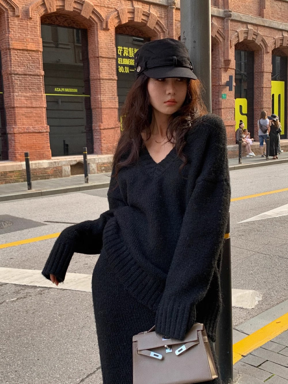 Women's Matching Set Knit V-Neck Sweater Flare Midi Skirt