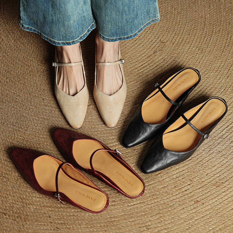 Women’s leather mary jane mules — pointed toe slip on office footwear