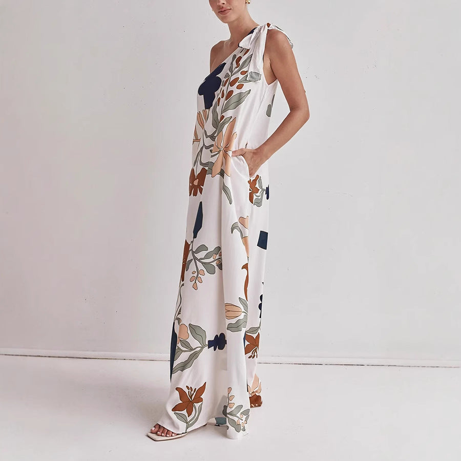 One Shoulder Floral Print Maxi Dress