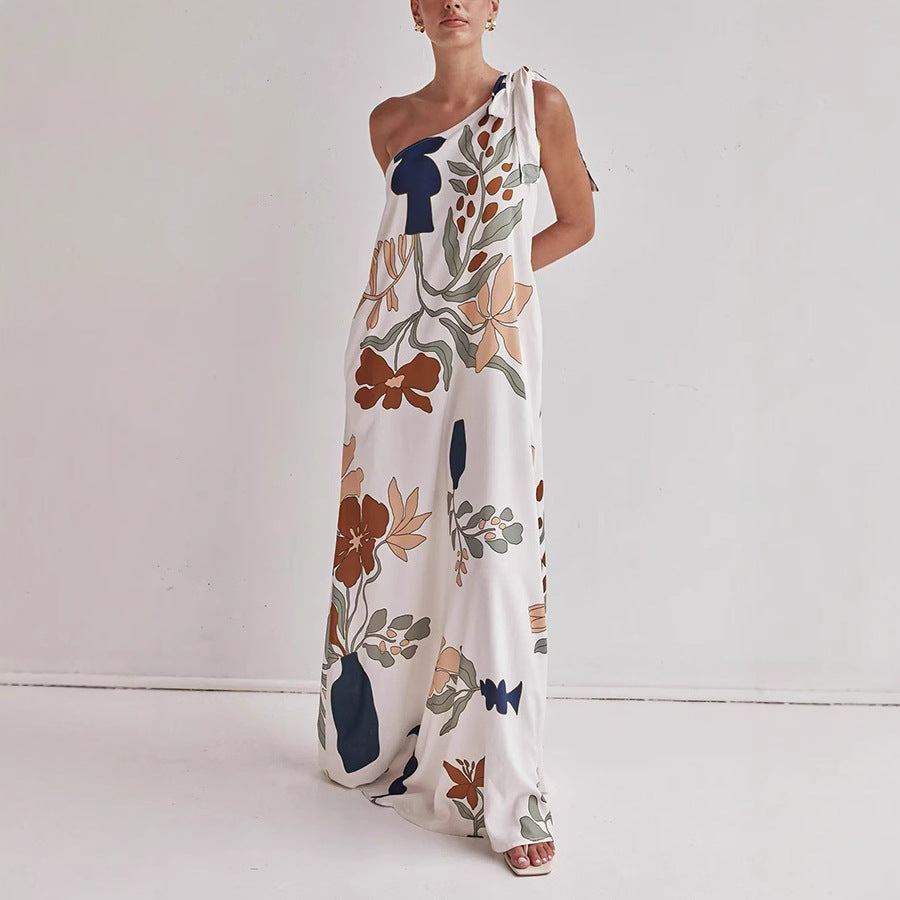One Shoulder Floral Print Maxi Dress