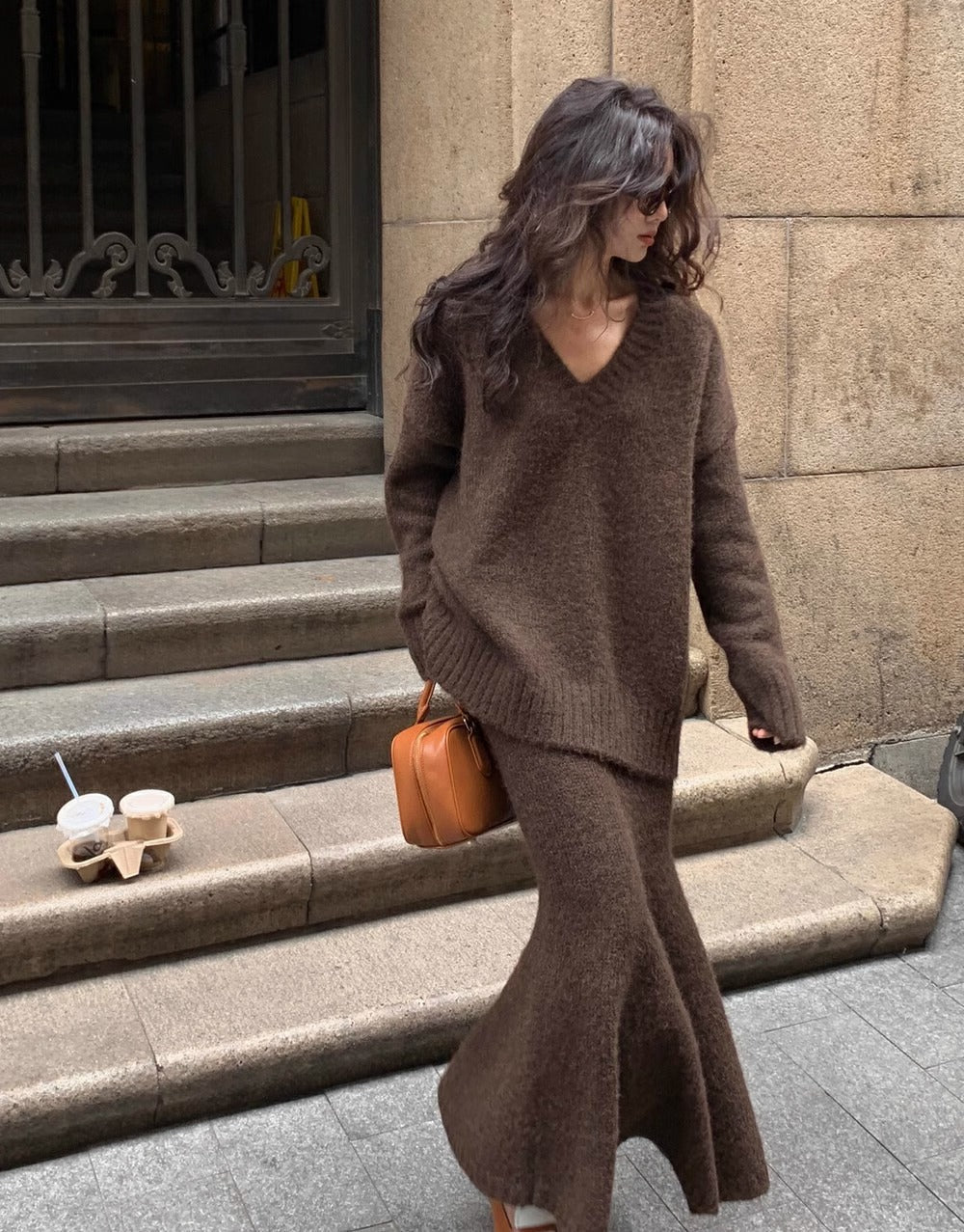 Women's Matching Set Knit V-Neck Sweater Flare Midi Skirt