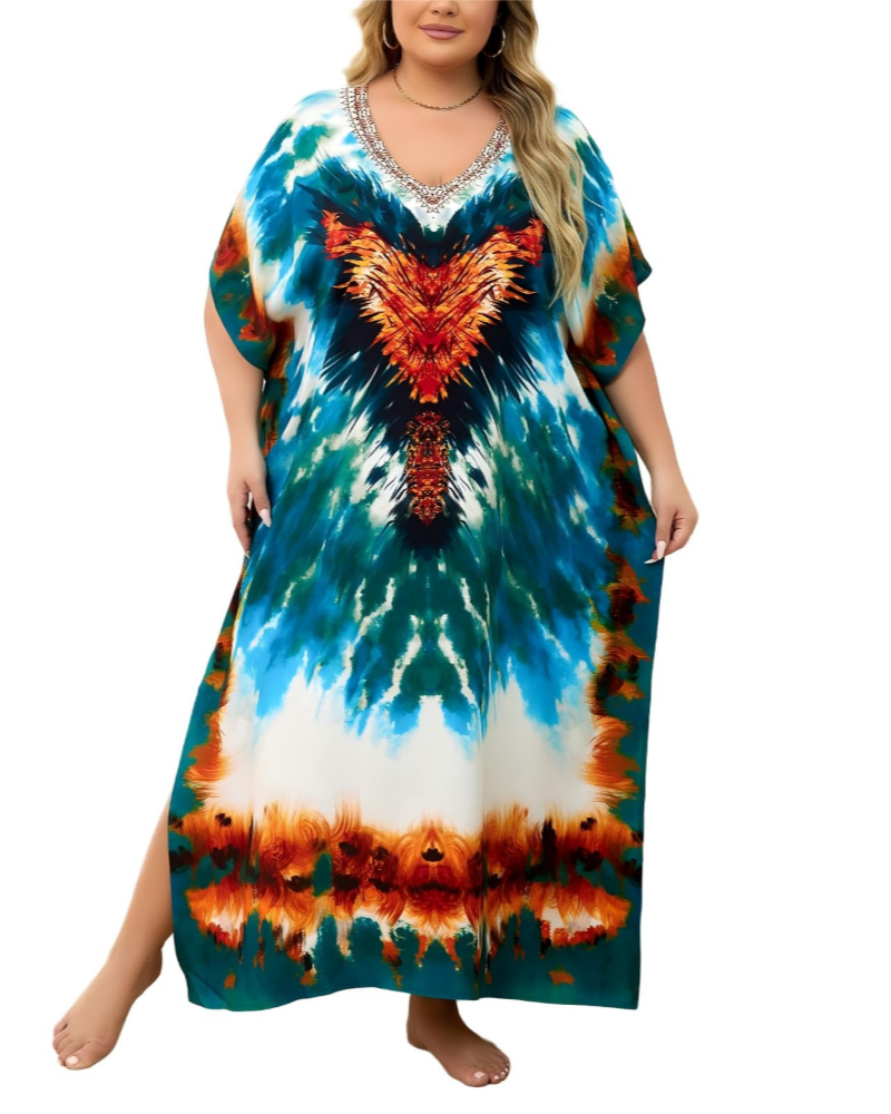 Women's plus-size kimono kaftan — loose fit — beach vacation