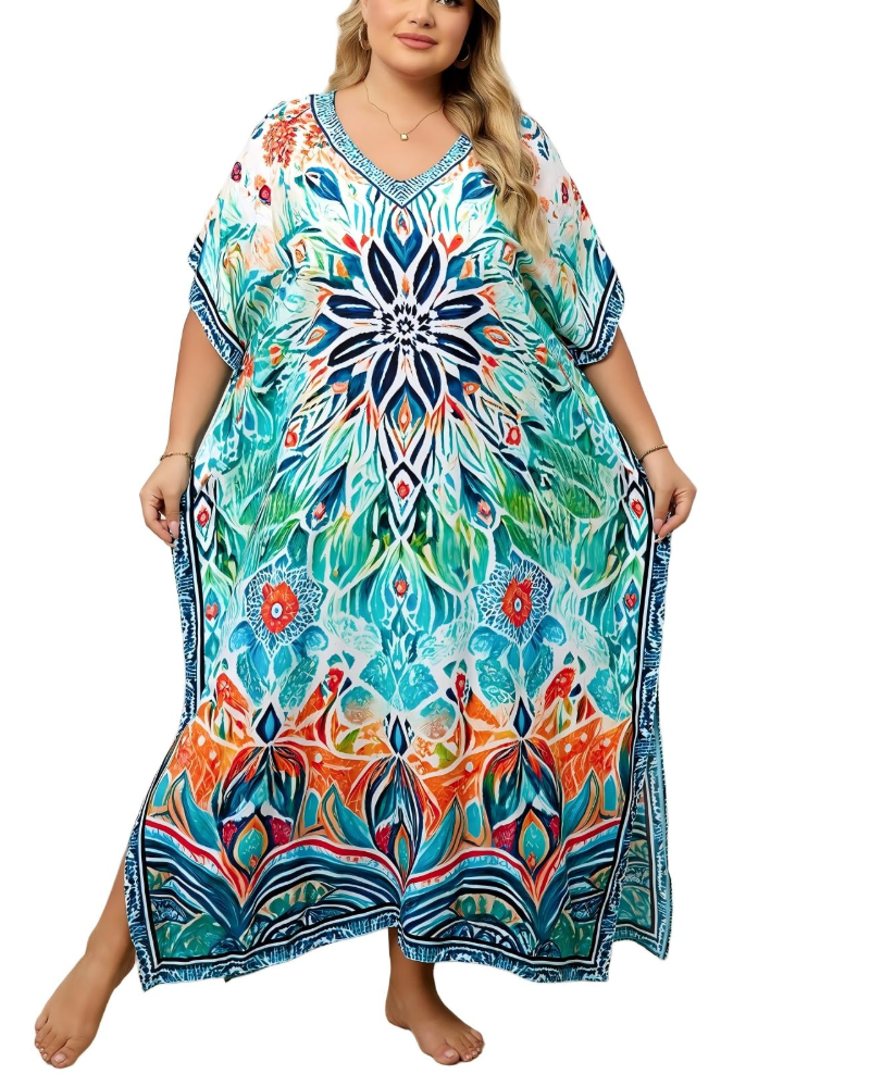 Women's plus-size kimono kaftan — loose fit — beach vacation