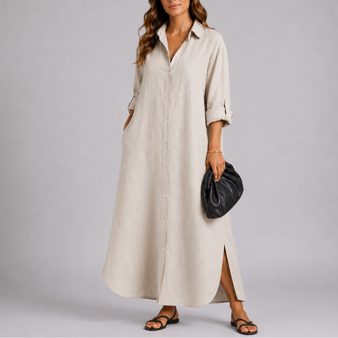 Linen Blend Button-Front Maxi Shirt Dress