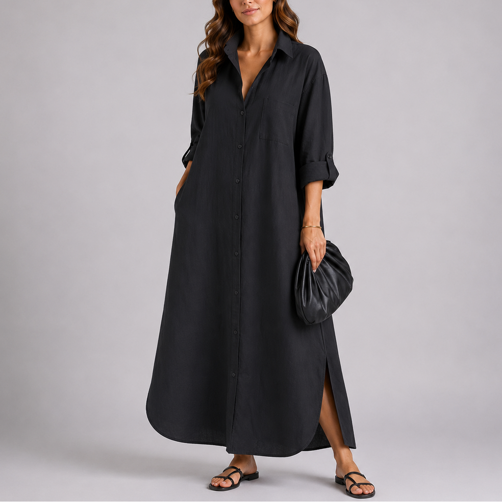 Linen Blend Button-Front Maxi Shirt Dress