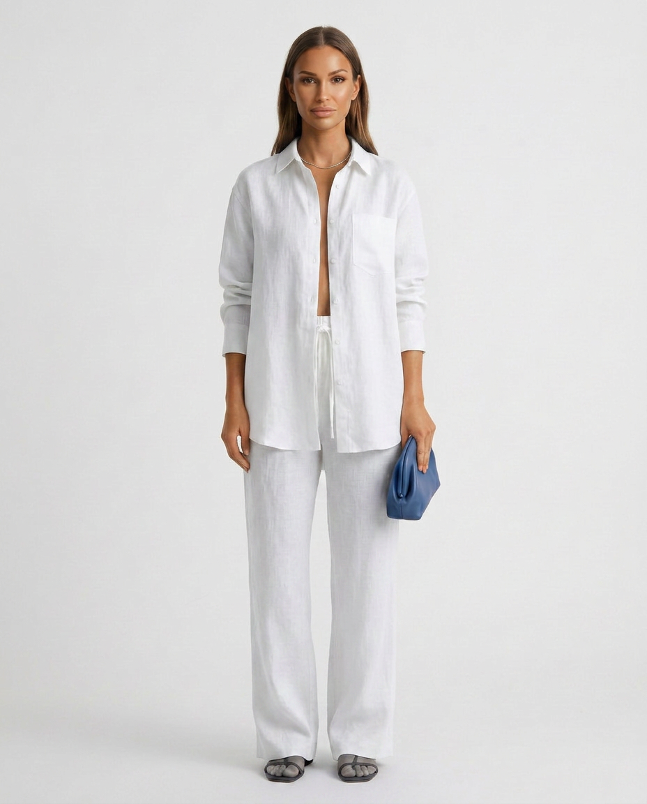 Women's Matching Set Linen Long Sleeve Button Down Drawstring Pants Casual