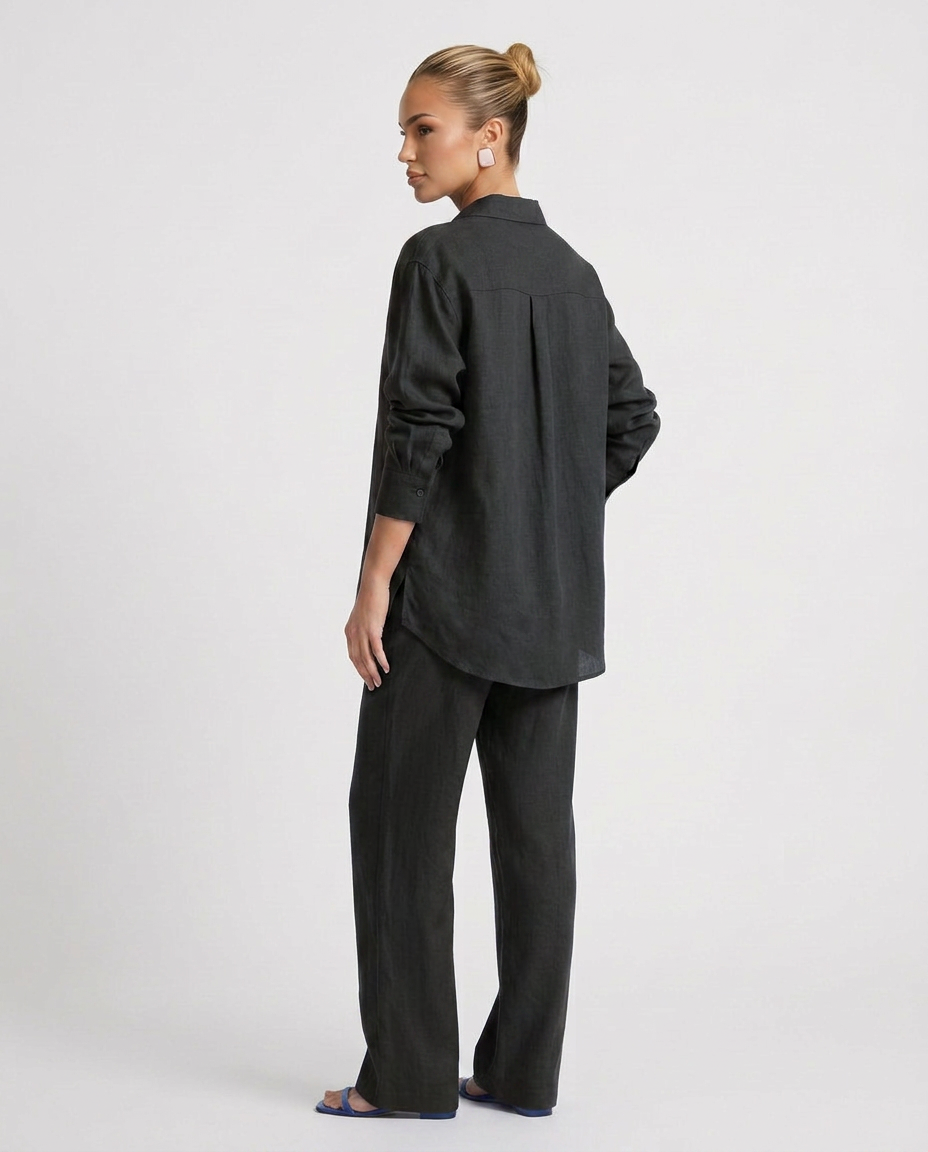 Women's Matching Set Linen Long Sleeve Button Down Drawstring Pants Casual