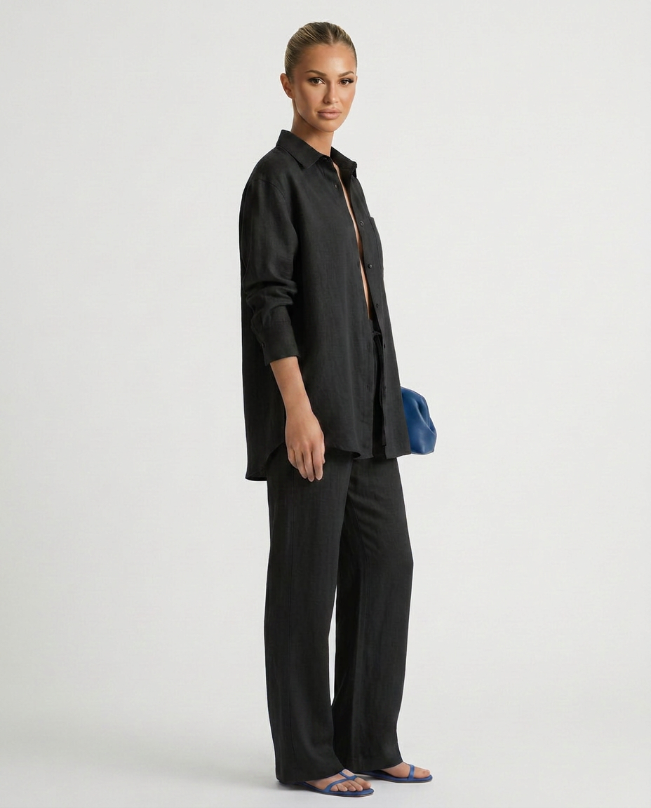Women's Matching Set Linen Long Sleeve Button Down Drawstring Pants Casual