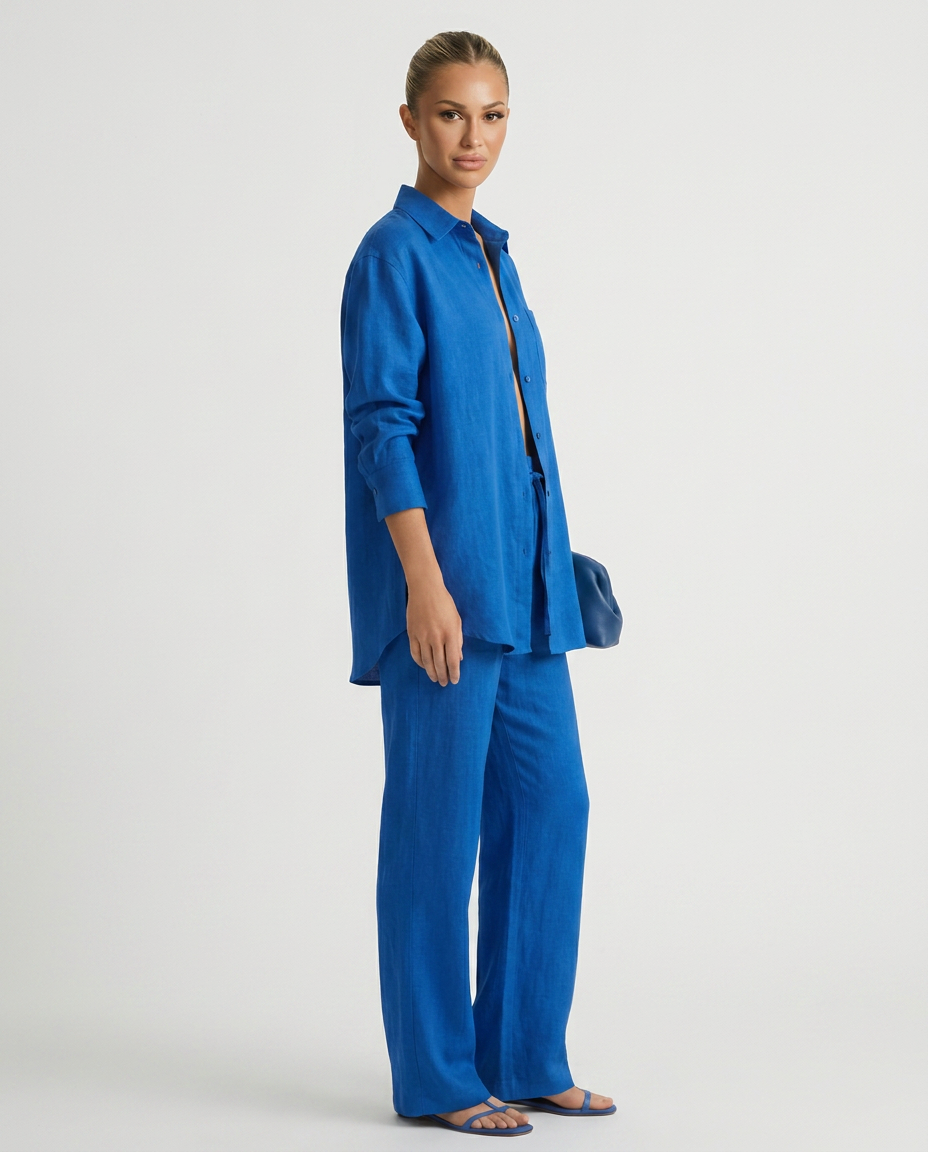 Women's Matching Set Linen Long Sleeve Button Down Drawstring Pants Casual