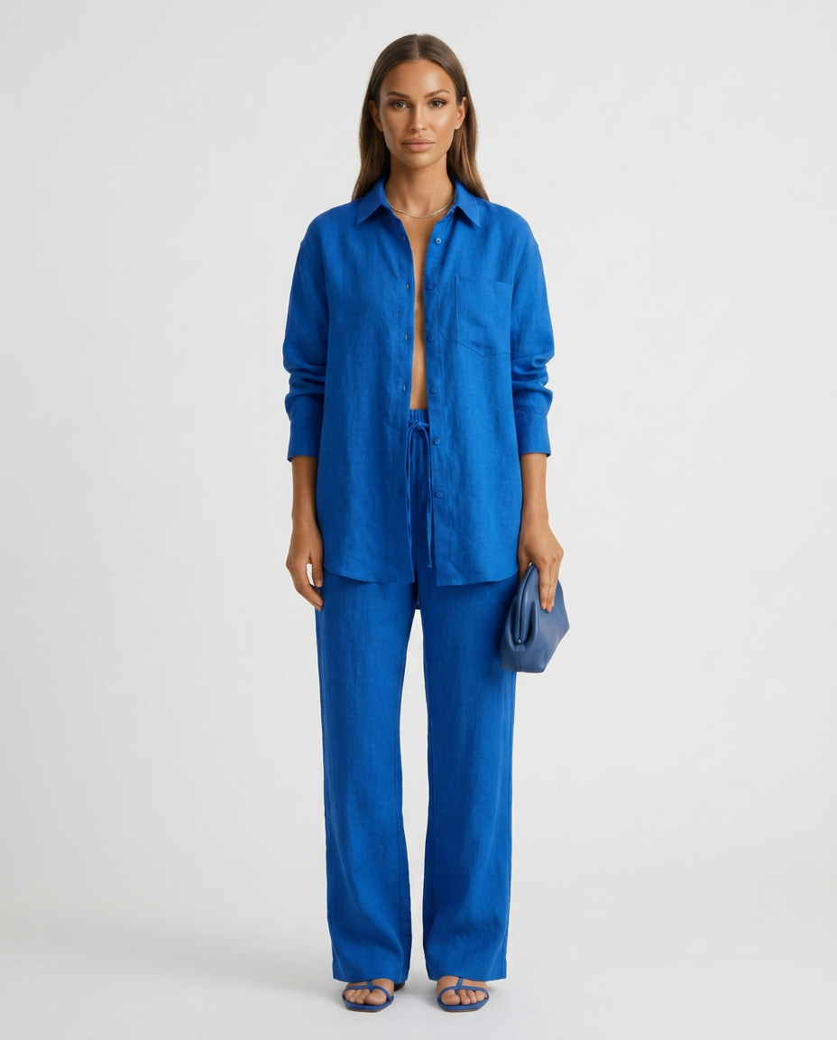Women's Matching Set Linen Long Sleeve Button Down Drawstring Pants Casual