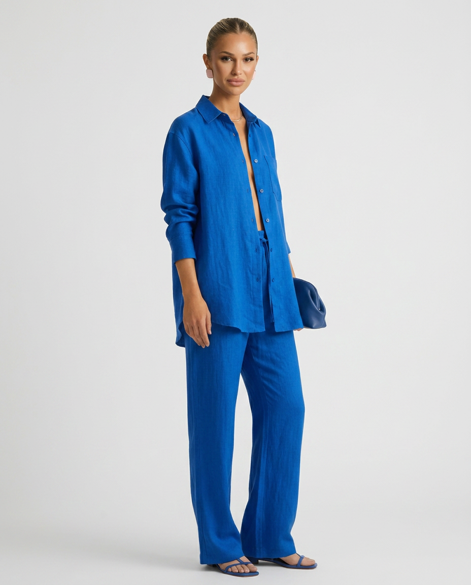 Women's Matching Set Linen Long Sleeve Button Down Drawstring Pants Casual