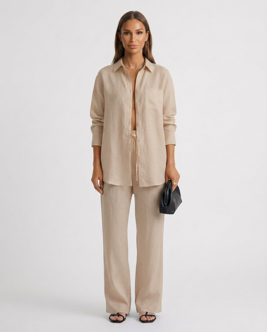 Women's Matching Set Linen Long Sleeve Button Down Drawstring Pants Casual