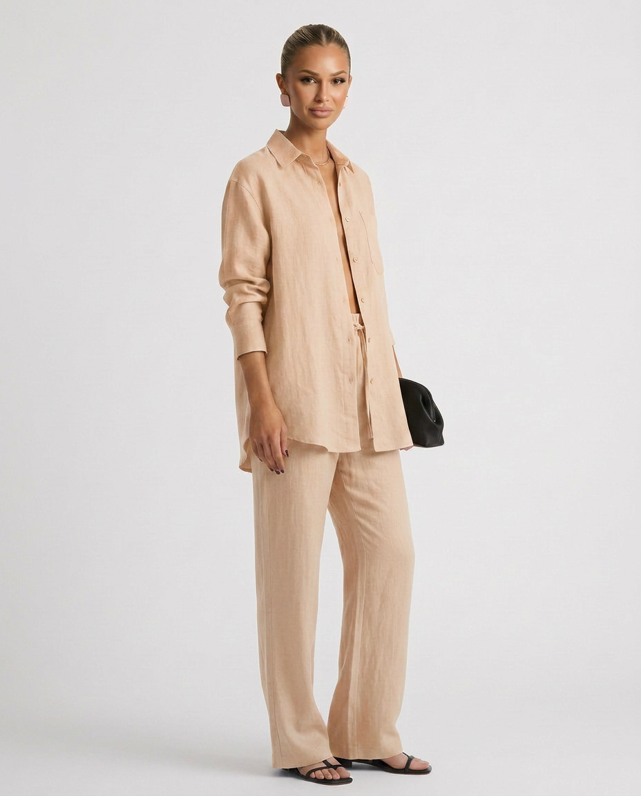 Women's Matching Set Linen Long Sleeve Button Down Drawstring Pants Casual
