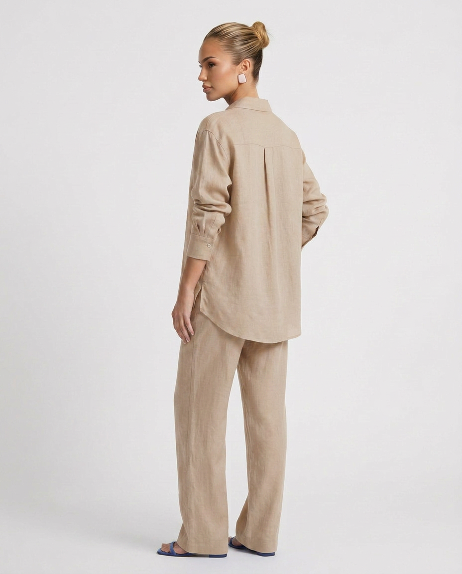 Women's Matching Set Linen Long Sleeve Button Down Drawstring Pants Casual